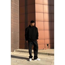 Siyah  Kanguru Cepli Kapüşonlu Oversize Sweatshirt