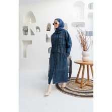 Neways Koyu Mavi Büyük Cepli Ceket Kadın Denim Kolsuz Standart Yaka ile Şık