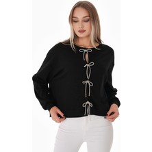 Pulli Collection Siyah Fitilli Taş Aksesuarlı Üst