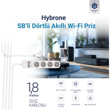 Hybrone USB ve Type-C Girişli Akım Korumalı Dörtlü Wi-Fi Akıllı Priz, 16 Amper, Enerji İzleme, Uygulama ile Uzaktan Kontrol