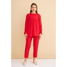 Pinky Düğmeli Kolları Büzgülü Keten Kırmızı Tunik Pantolon