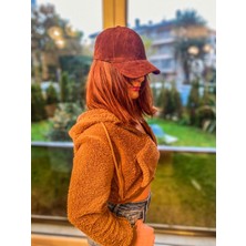 Kadın Uzun Kollu Sweat Camel Kısa Boy Peluş Fermuarlı Kapşonlu