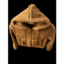 Kadın Uzun Kollu Sweat Camel Kısa Boy Peluş Fermuarlı Kapşonlu