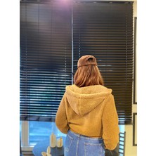 Kadın Uzun Kollu Sweat Camel Kısa Boy Peluş Fermuarlı Kapşonlu