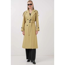 Kadın Yağ Yeşili  Kruvaze Yaka Astarlı Kemerli Mevsimlik Trençkot HZL25W-BD159411