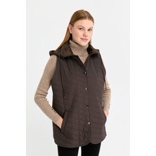 Desen Triko Kadın Kapüşonlu Yan Cepli Kapitone Yelek Kahve