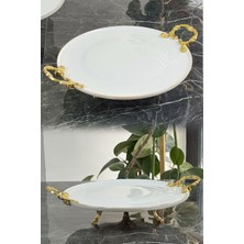 May Home Porselen Metal Kulplu Ayaklı Sunumluk Servislik Tabak (Yaldızlı)