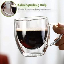 Çift Camlı Çift Cidarlı El Yapımı Cam Kupa Ev Ofis Fincanı 250 ml Çift Katlı Isı Yalıtımlı Kulplu Cam Bardak