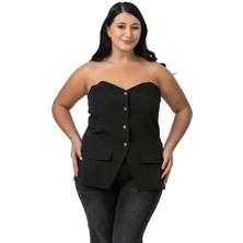 Disentis Modest Büyük Beden Süs Cep Kapaklı Sırtı Lastikli Düğmeli Siyah Büstiyer