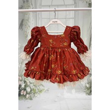 Çiçek Desenli Dantelli Kadife Kız Çocuk Bebek Abiye Tasarım Elbise