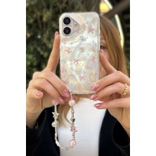 Paladyum Case Apple iPhone 16 Uyumlu Kurdeleli Çiçekli Desenli Boncuklu Bilek Askılı Charmlı Kılıf