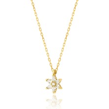 Zanaat Silver 925 Ayar Gümüş 14K Altın Kaplama Beyaz Taşlı Nilüfer Çiçeği Kolye