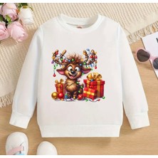 Kids Face Özel Tasarım Bisiklet Yaka Minik Ren Geyiği Baskılı Şardonlu Kışlık Erkek Çocuk Yılbaşı Sweatshırt