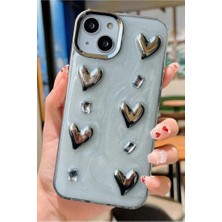 3gen Case Apple iPhone 13 & iPhone 14 Uyumlu 3D Swarovski Taşlı Kurdele Kelebek Kalp Motifli Sert Kapak