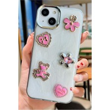 3gen Case Apple iPhone 13 & iPhone 14 Uyumlu 3D Swarovski Taşlı Kurdele Kelebek Kalp Motifli Sert Kapak