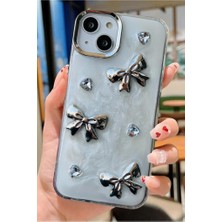 3gen Case Apple iPhone 13 & iPhone 14 Uyumlu 3D Swarovski Taşlı Kurdele Kelebek Kalp Motifli Sert Kapak