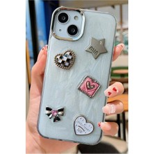 3gen Case Apple iPhone 13 & iPhone 14 Uyumlu 3D Swarovski Taşlı Kurdele Kelebek Kalp Motifli Sert Kapak