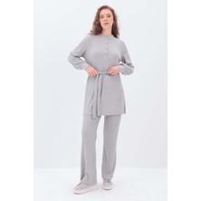 ALLDAY Gri-Yarım Patlı Kuşaklı Pantolonlu Takım