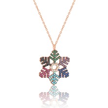 Zanaat Silver 925 Ayar Gümüş Renkli Taşlı Rose Kaplama Büyük Kar Tanesi Kolye