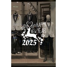 Mıgnatıs Geyik ve Happy New Year 2025 Yılbaşı Süslemeleri Yeni Yıl Vitrin Cam Sticker