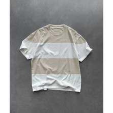 Ela Mod Unisex Bisiklet Yaka Parçalı T-Shirt - Bej