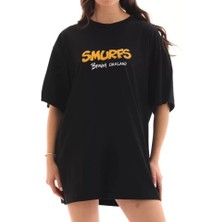 Ela Mod Unisex Bisiklet Yaka Baskılı Oversize T-Shirt - Siyah