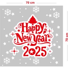 Mıgnatıs Happy New Year 2025 Yazısı Kar Taneleri ve Yılbaşı Vitrin Stickerları 70X70CM