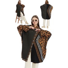 Maruf Shop Kadın Büyük Bedene Uygun Kapüşonlu Kışlık Kalın Leopar Desenli Panço