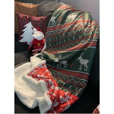 Mediterian Yılbaşı Temalı Yeşil Sherpa Battaniye 150x180 cm Sıcak ve Yumuşak Konfor