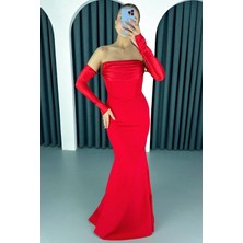 Lafaba Kadın Kırmızı Yaka Detaylı Balık Abiye Elbise