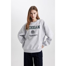 DeFacto Oversize Geniş Kalıp Bisiklet Yaka Baskılı Kalın Kumaş Sweatshirt C4071AX23CW