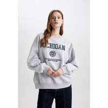 DeFacto Oversize Geniş Kalıp Bisiklet Yaka Baskılı Kalın Kumaş Sweatshirt C4071AX23CW