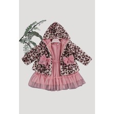 Leoparlı Fiyonklu Peluş Mont ve Tül Elbise Özel Gün 2'li Kız Çocuk Takım