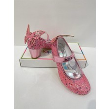 Butik Happy Kids Kız Çocuk Abiye Ayakkabı Pembe Kelebekli Pırıltılı Parti -Doğum Günü  Topuklu Kız Çocuk Ayakkabı