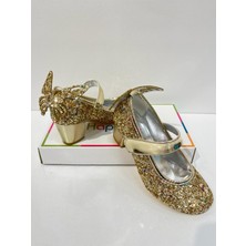Butik Happy Kids Kız Çocuk Abiye Ayakkabı Gold Kelebekli Pırıltılı Parti -Doğum Günü  Topuklu Kız Çocuk Ayakkabı