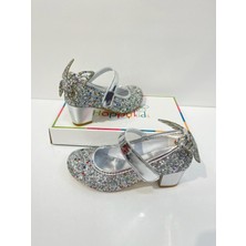 Butik Happy Kids Kız Çocuk Abiye Ayakkabı Gümüş Kelebekli Pırıltılı Parti -Doğum Günü  Topuklu Kız Çocuk Ayakkabı