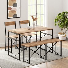 Güzelkan Madeni Eşya Mutfak Masası Bench Bank 120X60 Masa Set 2 Adet Sandalye Yemek Masası Çam 1225