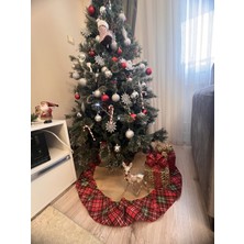 Yılbaşı 90 cm Ağaç Örtüsü Ekoseli Fırfırlı Etek Ortası Jüt Kumaş Yeniyıl Noel Christmas Dekor