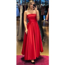 Abiyeniall Kırmızı Kloş Etekli Saten Midi Abiye Elbise 7647