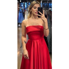 Abiyeniall Kırmızı Kloş Etekli Saten Midi Abiye Elbise 7647