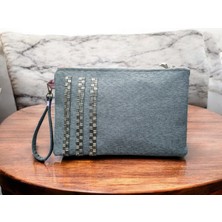 Vertiginoso Gri Boncuk Işlemeli Kadın Portföy Clutch El Çantası