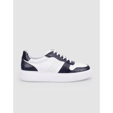 Cabani %100 Hakiki Deri Beyaz - Lacivert Croco Detaylı Erkek Sneaker
