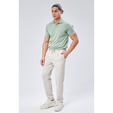 Erkek Beli Bağcıklı Yandan Cepli Slim Fit Jogger Bej Pantolon