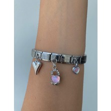 Kesmia Çelik Italyan Kalp 3 Adet Charm ve  Bileklik Gümüş  Renkli   18 cm Ayarlanabilir,bileklik Unısex