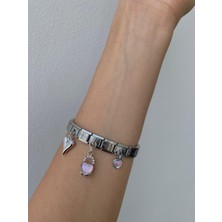 Kesmia Çelik Italyan Kalp 3 Adet Charm ve  Bileklik Gümüş  Renkli   18 cm Ayarlanabilir,bileklik Unısex