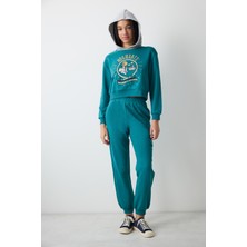 Petrol Yeşili Harry Potter Baskılı Kapüşonlu Sweatshirt