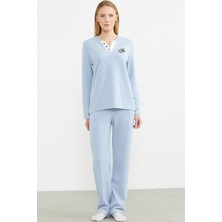 Fitilli Yaka Detaylı Pijama Takım - Mavi