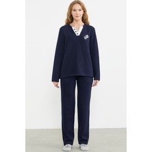 Fitilli Yaka Detaylı Pijama Takım - Lacivert
