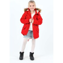 Kız Çocuk Su Itici Kapüşonlu Fermuarlı Çıtçıt Kapamalı Cepli Gabardin Kırmızı MONT-MNT-2005-K