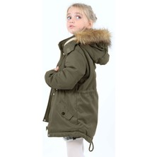 Kız Çocuk Su Itici Kapüşonlu Fermuarlı Çıtçıt Kapamalı Cepli Gabardin Haki Yeşil MONT-MNT-2005-K